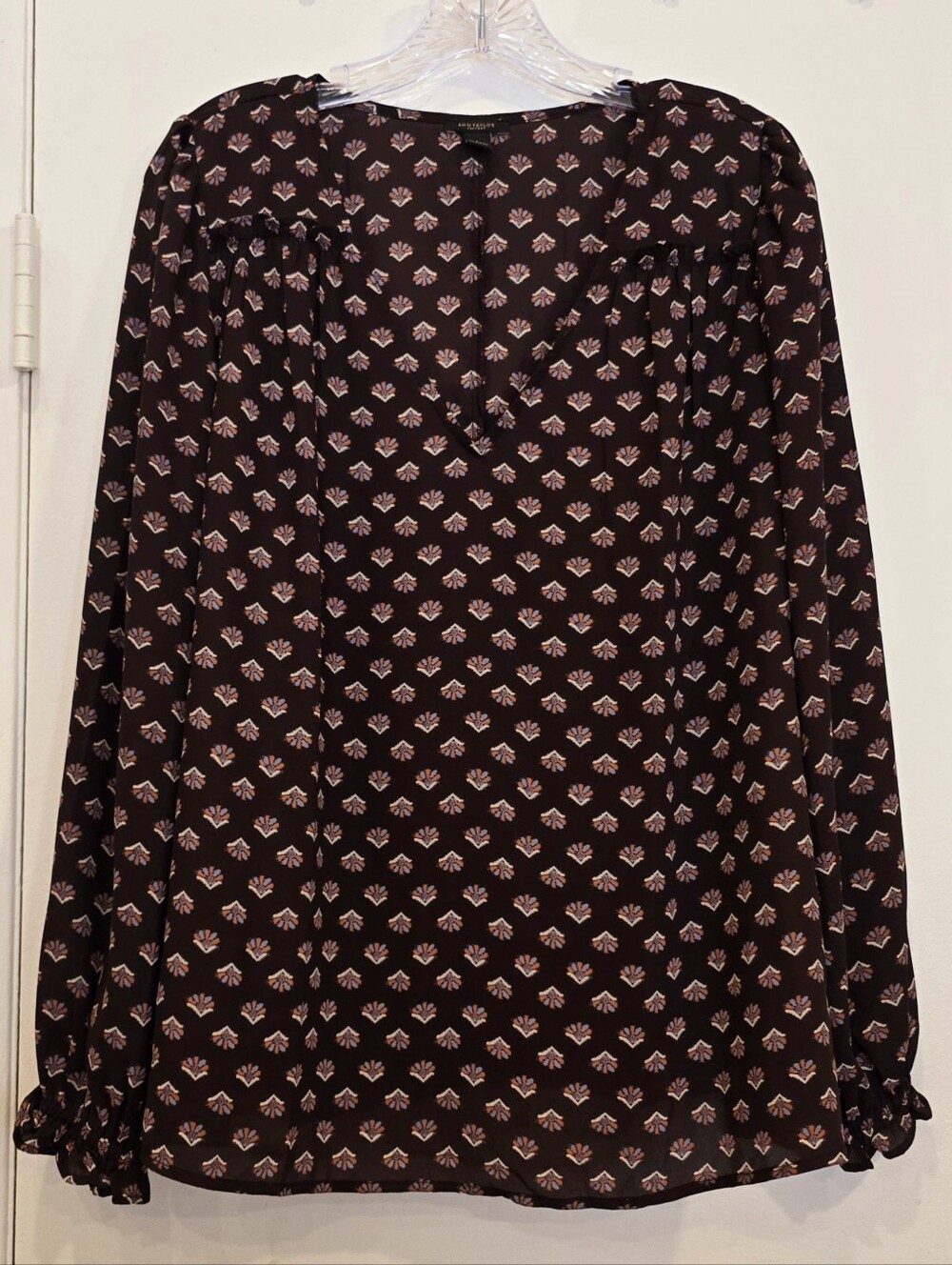 Ann Taylor Burgandy Blouse with Brown, Blue and Cream Floral Motif